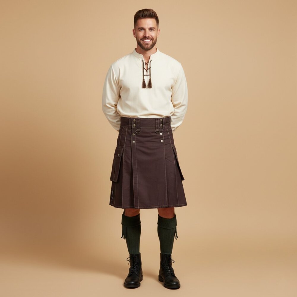 Scottish Authentic Brown Highlander Kilt Modern Men Traditional Utility Kilt